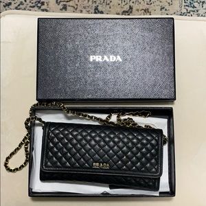 Prada quilted leather with gold chain wallet
